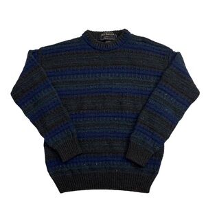 Skye Knitwear Striped Crewneck Sweater - Blue and‎ Black Wool/Silk Men’s Medium
